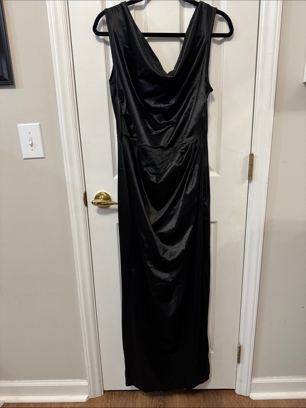 Elegant Black Satin Cowl Neck Evening Dress